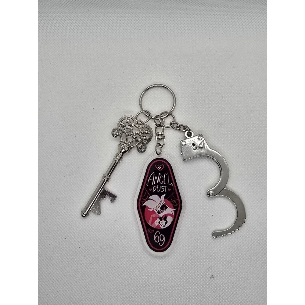 Angel Dust Hazbin Hotel Keychain,  with bottle opener key, and handcuff HANDMADE